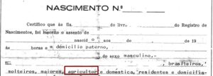 Exemplo de certidão de nascimento com profissão agricultor